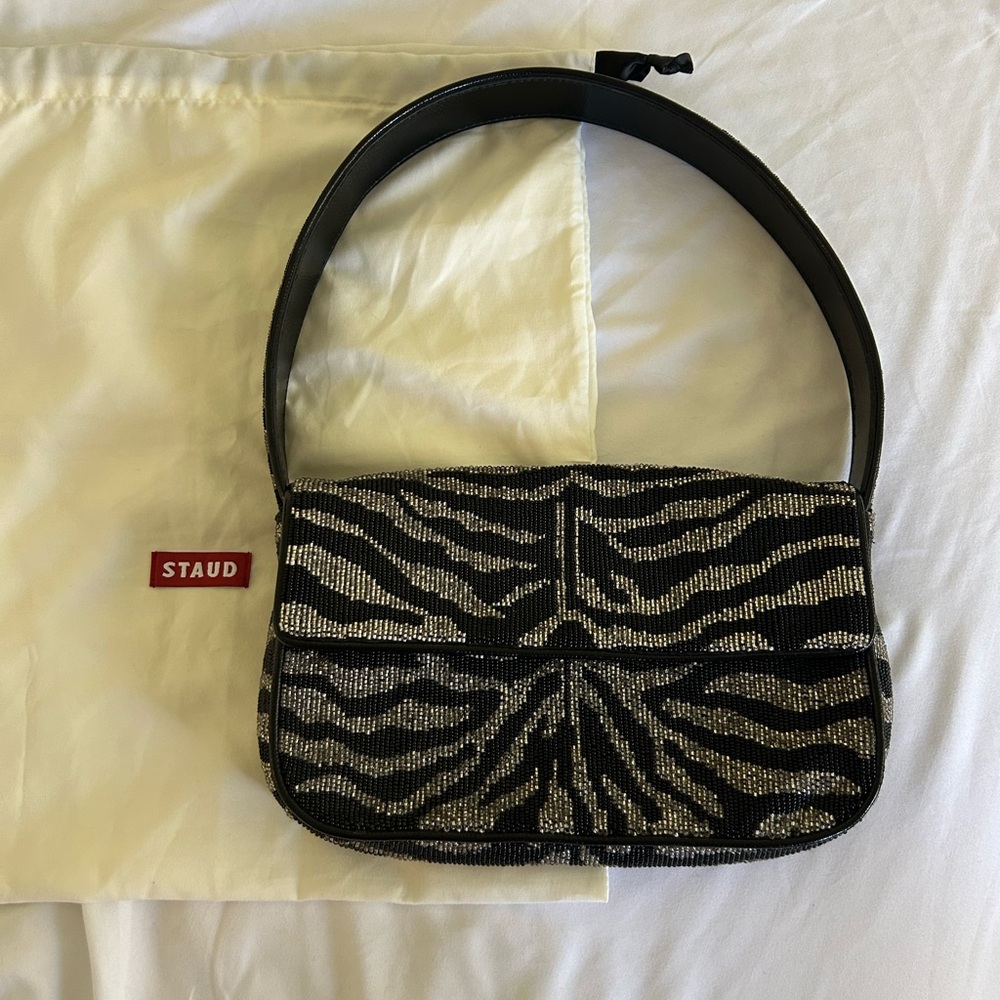 STAUD Black and Silver Tommy Zebra Shoulder Bag